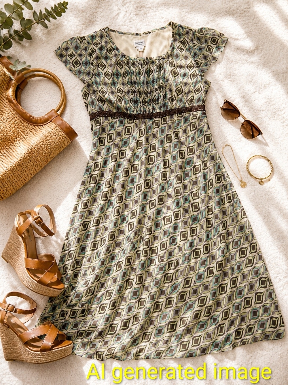 ✨Vintage Y2K Dorby Size 12 Boho Geometric Dress Empire Waist Flowy Midi✨